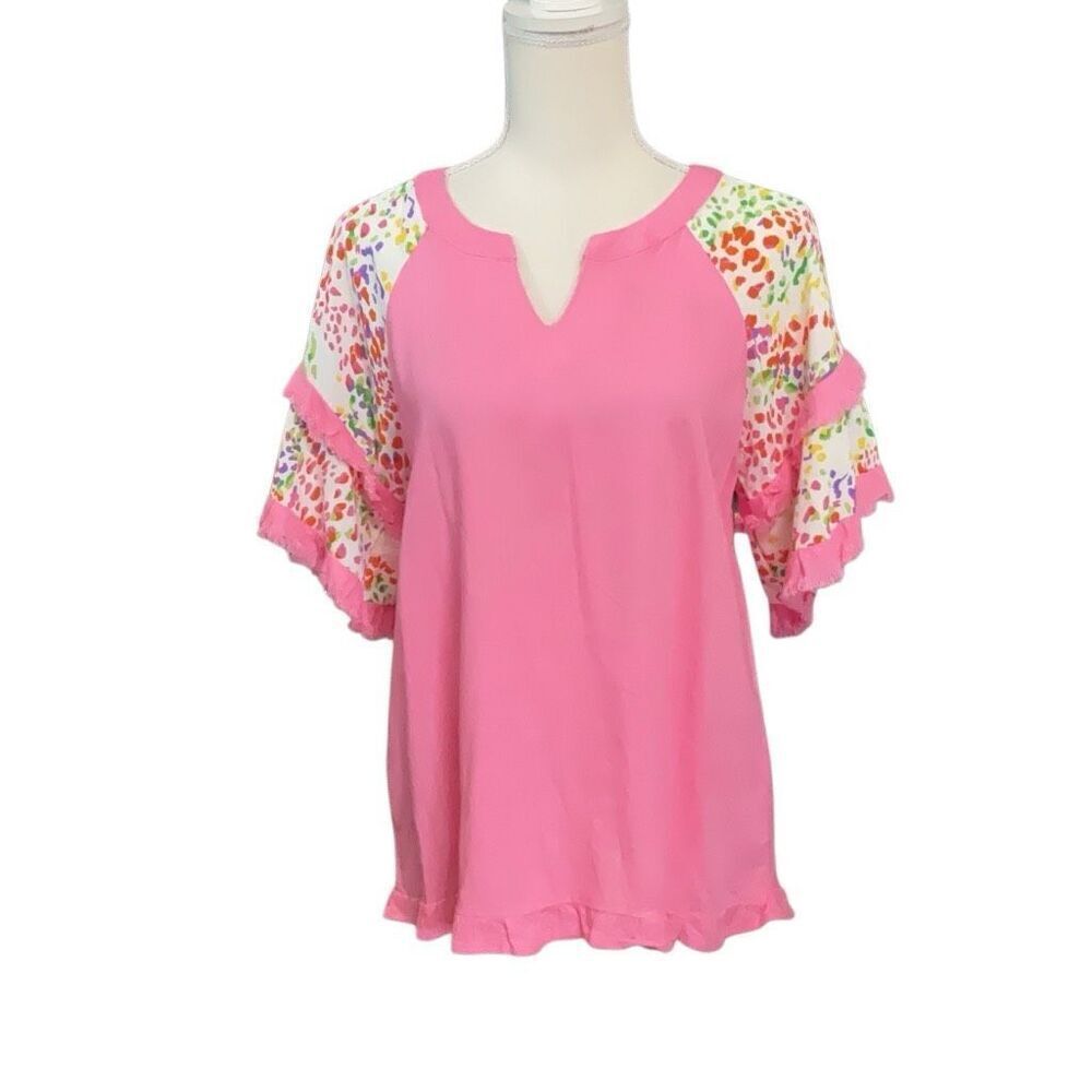 Umgee USA Pink Fringed Short Raglan Sleeve Linen Blend Blouse Size Small